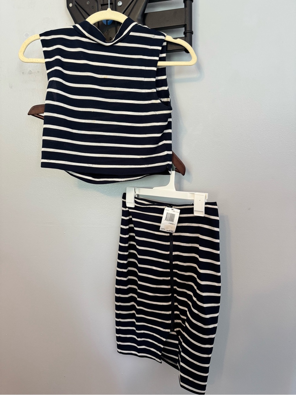 Aqua Navy and White Striped Two-Piece Set - Sleeveless Crop Top & Skirt